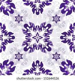 White seamless pattern with violet translucent flowers and polka dots (vector eps10)