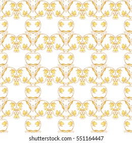 White seamless pattern with yellow ornaments in vintage style with butterfly and bellflowers. Print for wallpaper, textile, invitations, cards, wrapping paper, wedding, scrapbooking, interior. 
