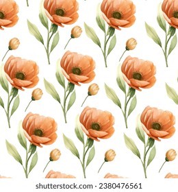Patrón blanco sin soldadura con amapolas amarillas - fondo vectorial floral. Ilustración vectorial. Acuarela