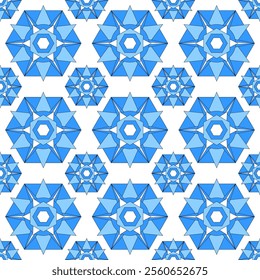 White seamless pettern with big blue hexagons and stars. Abstract floral tile design.