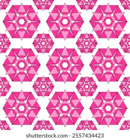 White seamless pettern with big pink hexagons and stars. Abstract floral tile design.