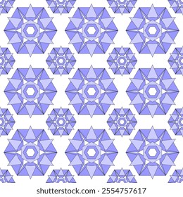 White seamless pettern with big purple hexagons and stars. Abstract floral tile design.	