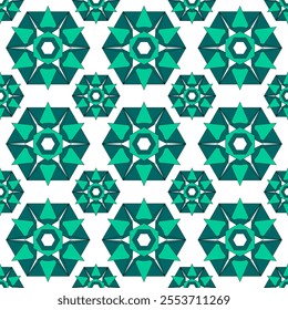 White seamless pettern with big teal green hexagons and stars. Abstract floral tile design. 