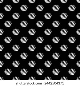 White seamless polka dot pattern vector, Black background. Pencil drawing style