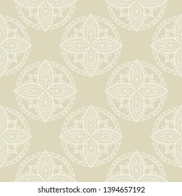 White seamless print on olive green background. Indian style pattern