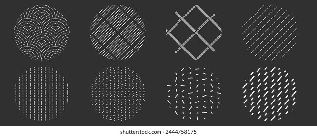 White seamless small dash pattern set. Abstract hipster geometric print. Simple black crosshatch repeat circle design. Linear tribal brush stroke wallpaper swatch. Diagonal endless stone doodle line