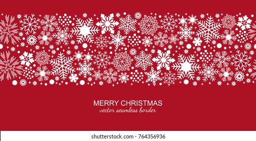 White seamless snowflake border isolated on red background, Christmas design for postcard or greeting card. Vector illustration, merry xmas snow flake header or banner, wallpaper or backdrop