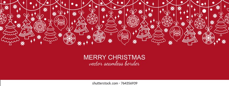 White seamless snowflake header isolated on red background, Christmas design for invitation or greeting card. Vector illustration, merry xmas snow flake border or banner, wallpaper or backdrop decor