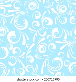 White seamless swirly floral design on blue background