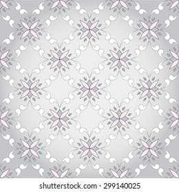 White seamless texture on grey background. Element for design. Ornamental backdrop. Pattern fill. Ornate floral decor for wallpaper. Traditional decor on grey background.  