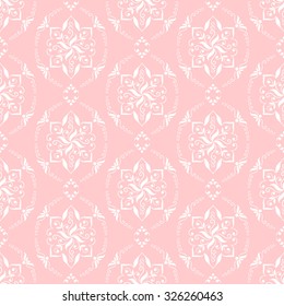 White seamless texture on pink. Element for design. Ornamental backdrop. Pattern fill. Ornate floral decor for wallpaper. Traditional decor on pink background.