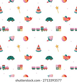 White seamless toy pattern with colorful cars, rockets, trains, balls, cones and cute blocks — children playful background