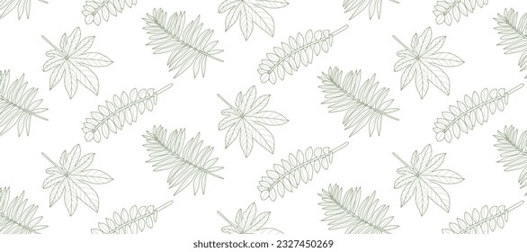 White seamless tropical pattern with green branches and leaves. Pattern for textiles, wrapping paper, covers and backgrounds, item designs.