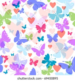 White seamless valentine pattern with hearts and butterflies (vector EPS 10)