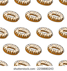 WHITE SEAMLESS VECTOR BACKGROUND WITH DELICIOUS DONUTS WITH WHITE FUDGE