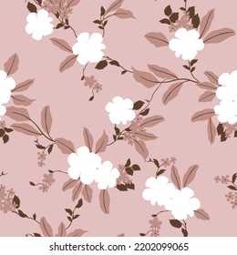 white seamless vector flowers with brown leaves pattern on pink background
