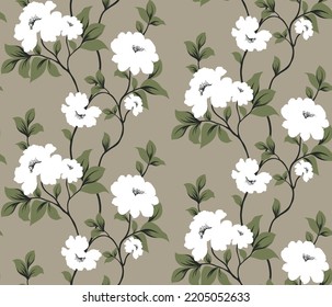 white seamless vector flowers with green leaves pattern on cream background