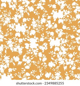 white seamless vector flowers leaves pattern on yellow background