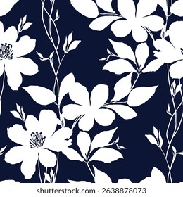 white seamless vector flowers leaves pattern on navy background