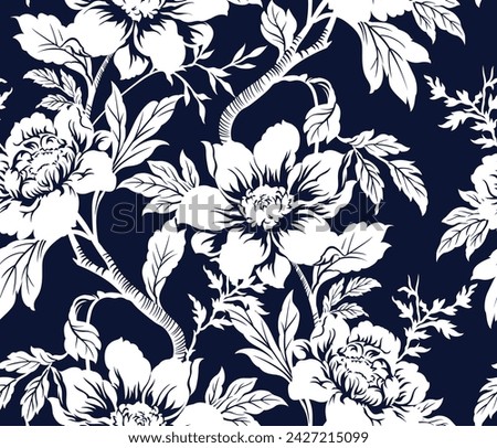 white seamless vector stock flowers leaf pattern on navy background