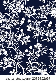 white seamless vector texture flowers leaves pattern on navy background