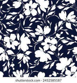 white seamless vector texture flowers leaves pattern on navy background