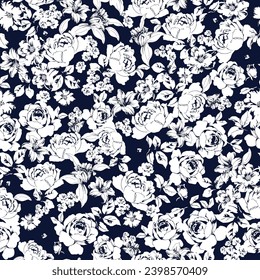 white seamless vector texture stock flowers leaf pattern on navy background