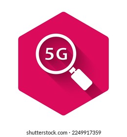 White Search 5G new wireless internet wifi connection icon isolated with long shadow. Global network high speed connection data rate technology. Pink hexagon button. Vector