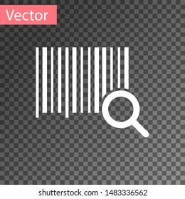 White Search barcode icon isolated on transparent background. Magnifying glass searching barcode. Barcode label sticker. Research barcode.  Vector Illustration
