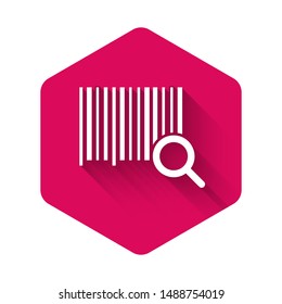 White Search barcode icon isolated with long shadow. Magnifying glass searching barcode. Barcode label sticker. Research barcode. Pink hexagon button. Vector Illustration