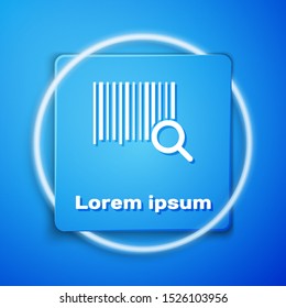 White Search barcode icon isolated on blue background. Magnifying glass searching barcode. Barcode label sticker. Research barcode. Blue square button. Vector Illustration