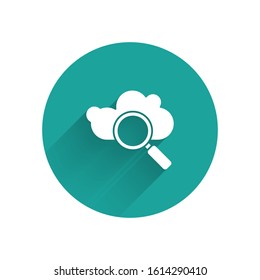 White Search cloud computing icon isolated with long shadow. Magnifying glass and cloud. Green circle button. Vector Illustration