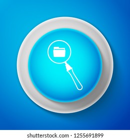 White Search concept with folder icon isolated on blue background. Magnifying glass and document. Data and information sign. Circle blue button with white line. Vector illustration