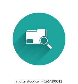 White Search concept with folder icon isolated with long shadow. Magnifying glass and document. Data and information sign. Green circle button. Vector Illustration