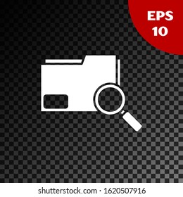 White Search concept with folder icon isolated on transparent dark background. Magnifying glass and document. Data and information sign.  Vector Illustration