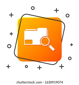 White Search concept with folder icon isolated on white background. Magnifying glass and document. Data and information sign. Orange square button. Vector Illustration