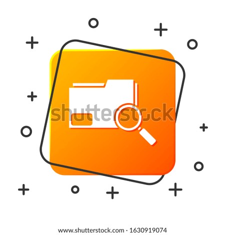 White Search concept with folder icon isolated on white background. Magnifying glass and document. Data and information sign. Orange square button. Vector Illustration