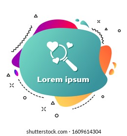 White Search heart and love icon isolated on white background. Magnifying glass with heart inside. Abstract banner with liquid shapes. Vector Illustration
