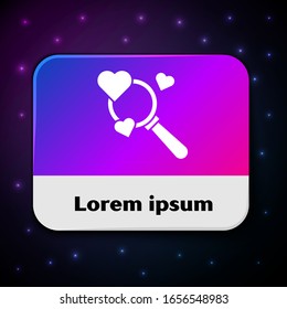 White Search heart and love icon isolated on black background. Magnifying glass with heart inside. Rectangle color button. Vector Illustration