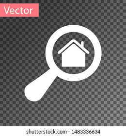 White Search house icon isolated on transparent background. Real estate symbol of a house under magnifying glass.  Vector Illustration