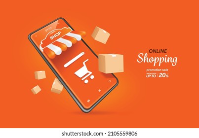 White Search Icon And A Shopping Cart Icon Are Placed On The Smartphone Shop  Screen And There Are Parcel Boxes Floating Around It,vector 3d For Delivery
 And Online Shopping Concept Design