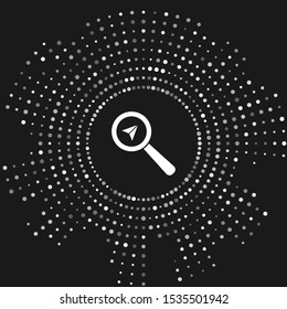 White Search location icon isolated on grey background. Magnifying glass with pointer sign. Abstract circle random dots. Vector Illustration