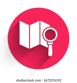 White Search location icon isolated with long shadow. Magnifying glass with pointer sign. Red circle button. Vector Illustration