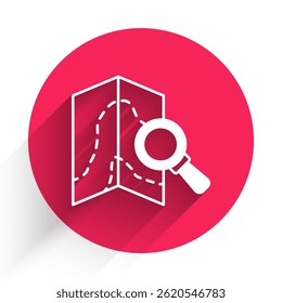White Search location icon isolated with long shadow. Magnifying glass with pointer sign. Red circle button. Vector
