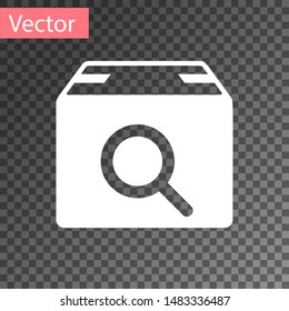 White Search package icon isolated on transparent background. Parcel tracking symbol. Magnifying glass and cardboard box. Logistic and delivery.  Vector Illustration