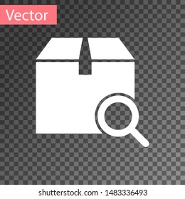 White Search package icon isolated on transparent background. Parcel tracking symbol. Magnifying glass and cardboard box. Logistic and delivery.  Vector Illustration