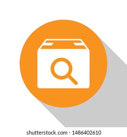 White Search package icon isolated on white background. Parcel tracking symbol. Magnifying glass and cardboard box. Logistic and delivery. Orange circle button. Vector Illustration