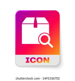 White Search package icon isolated on white background. Parcel tracking symbol. Magnifying glass and cardboard box. Logistic and delivery. Rectangle color button. Vector Illustration