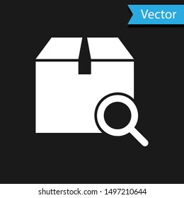 White Search package icon isolated on black background. Parcel tracking symbol. Magnifying glass and cardboard box. Logistic and delivery.  Vector Illustration