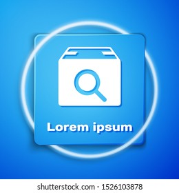 White Search package icon isolated on blue background. Parcel tracking symbol. Magnifying glass and cardboard box. Logistic and delivery. Blue square button. Vector Illustration